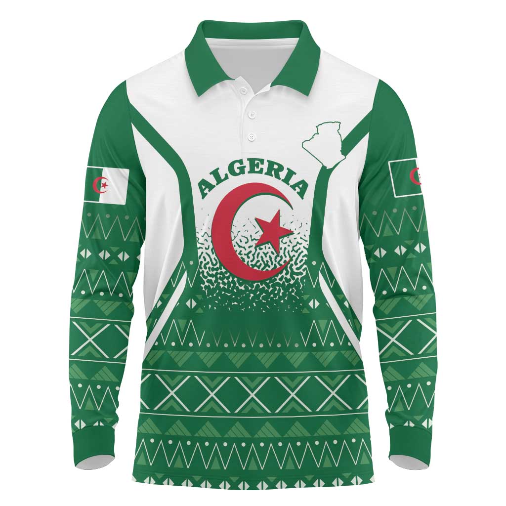 Personalized Algeria Long Sleeve Polo Shirt Coat Of Arms African Pattern - Wonder Print Shop