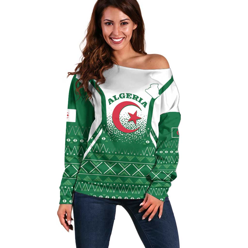 Personalized Algeria Off Shoulder Sweater Coat Of Arms African Pattern - Wonder Print Shop