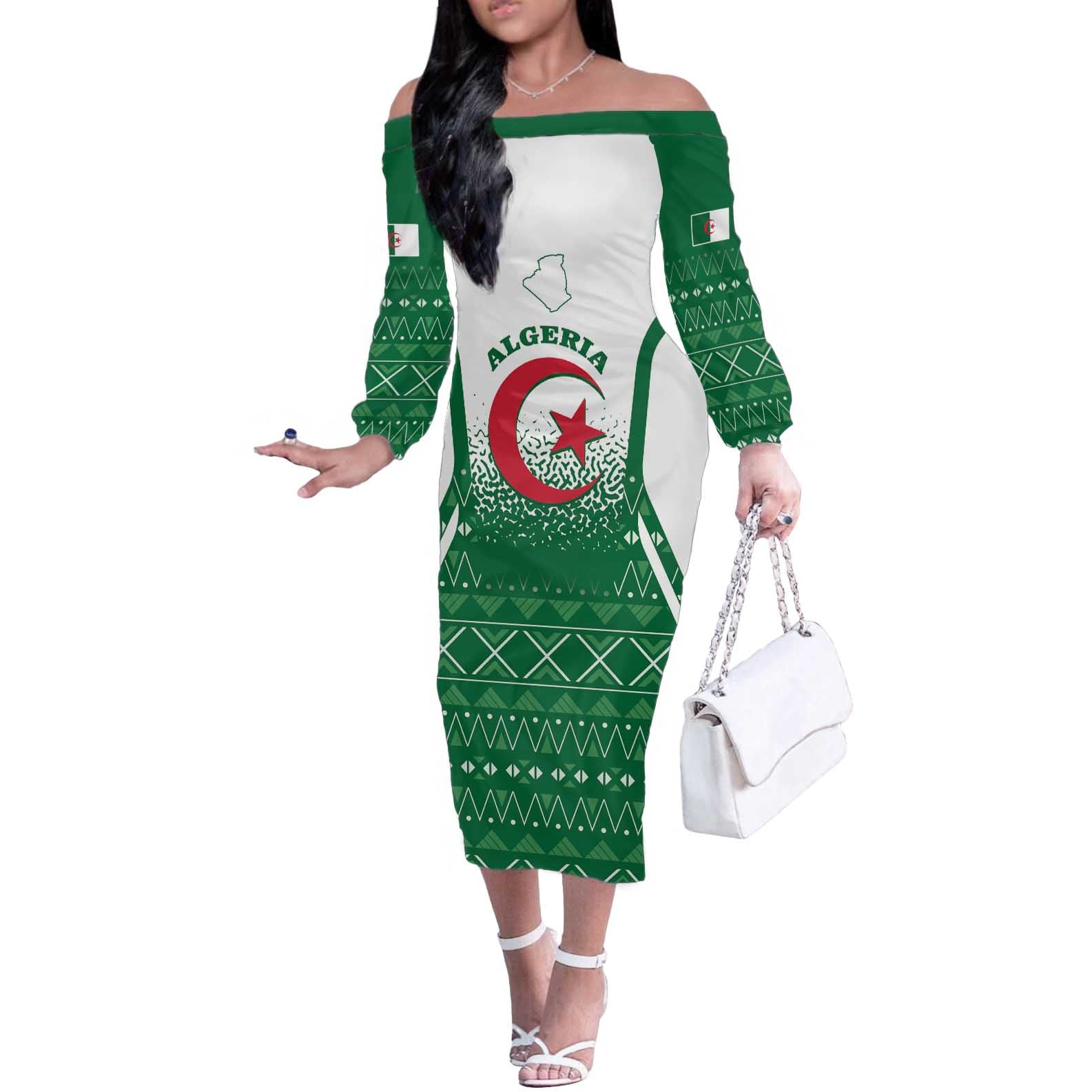 Personalized Algeria Off The Shoulder Long Sleeve Dress Coat Of Arms African Pattern - Wonder Print Shop