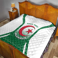 Personalized Algeria quilt coat of arms blanket on bed, white with green emblem and red star