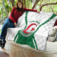 Personalized Algeria quilt coat of arms blanket draped over sofa, white with green emblem