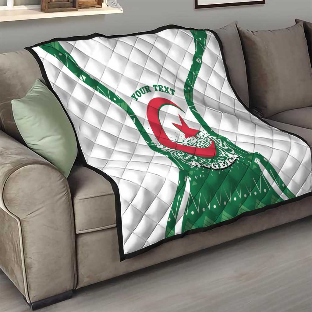 Personalized Algeria quilt coat of arms blanket on gray sofa, white quilt with green border