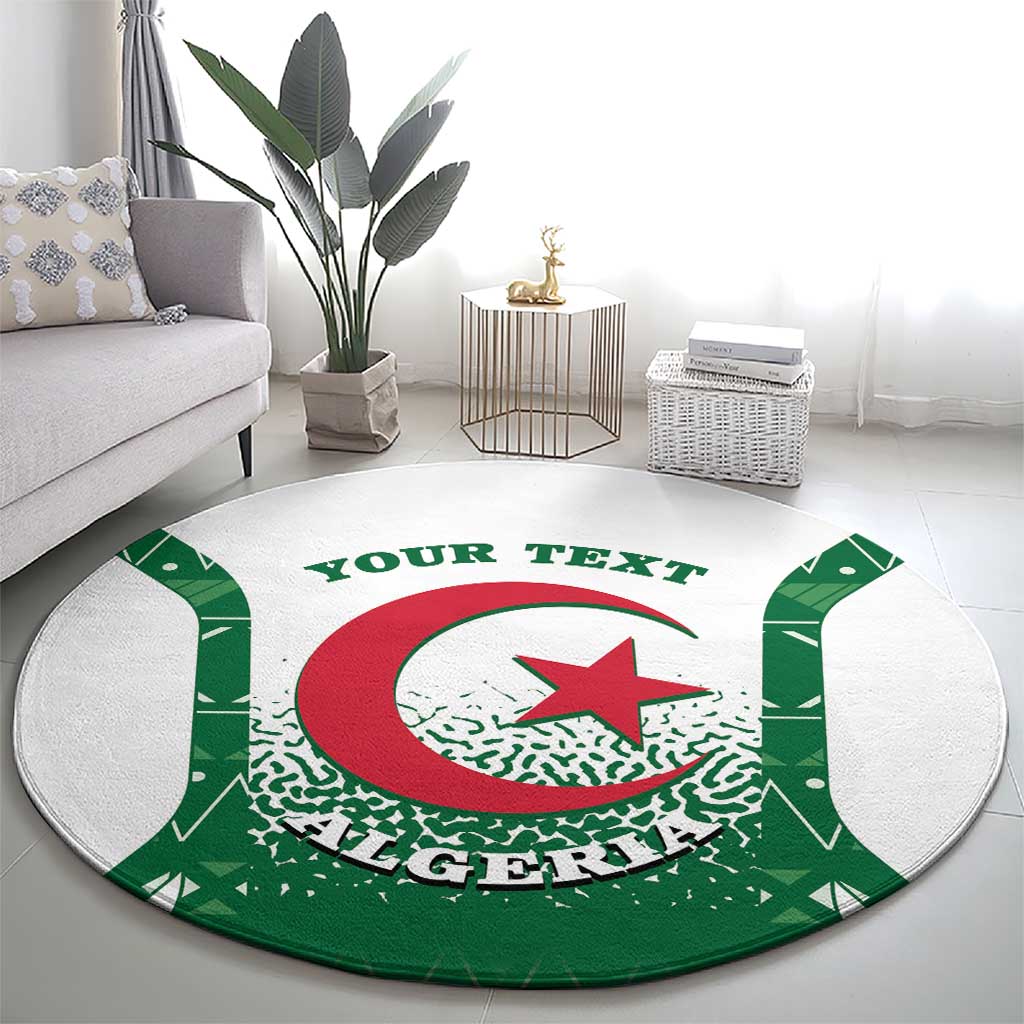 Green round carpet with Algeria emblem, red-and-white crescent, 'YOUR TEXT' top