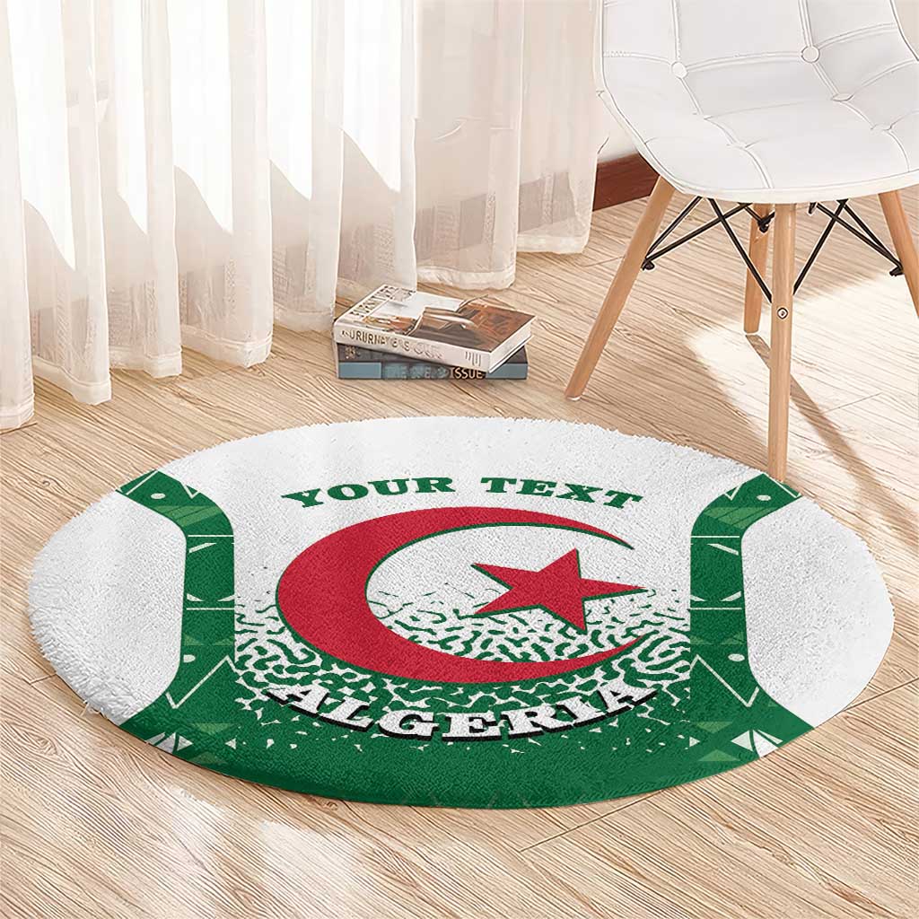 Green round Algeria carpet with circular emblem, red star, and 'YOUR TEXT' header