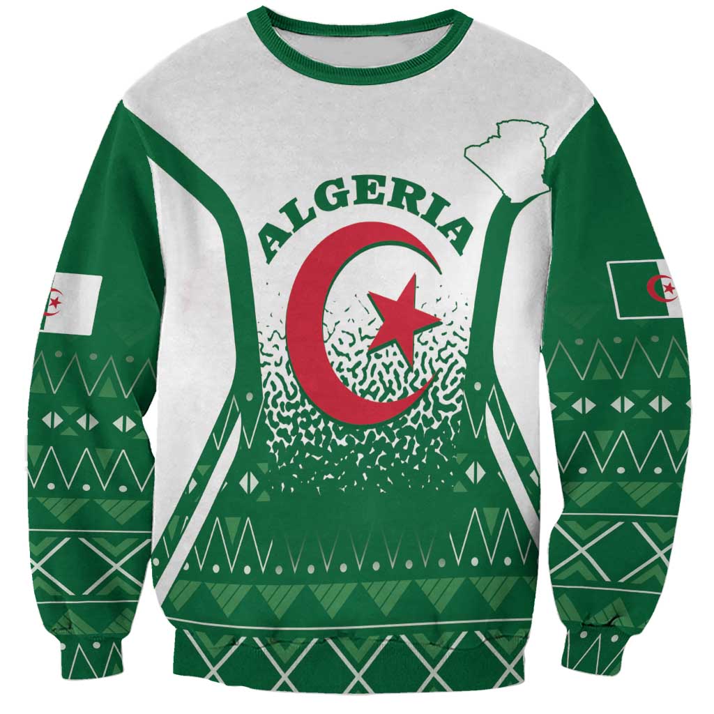 Unisex green-and-white Algeria sweatshirt with central coat-of-arms emblem and map print