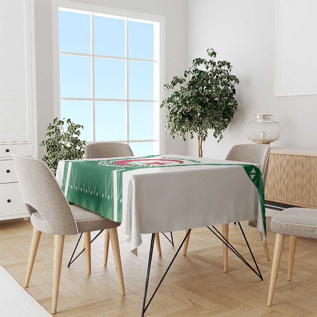 Green Algeria emblem tablecloth draped over dining table with chairs