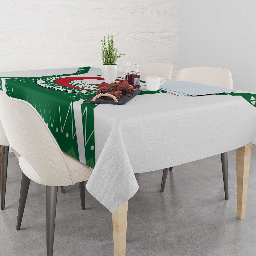 Green Algeria-themed tablecloth with emblem pattern across the table front