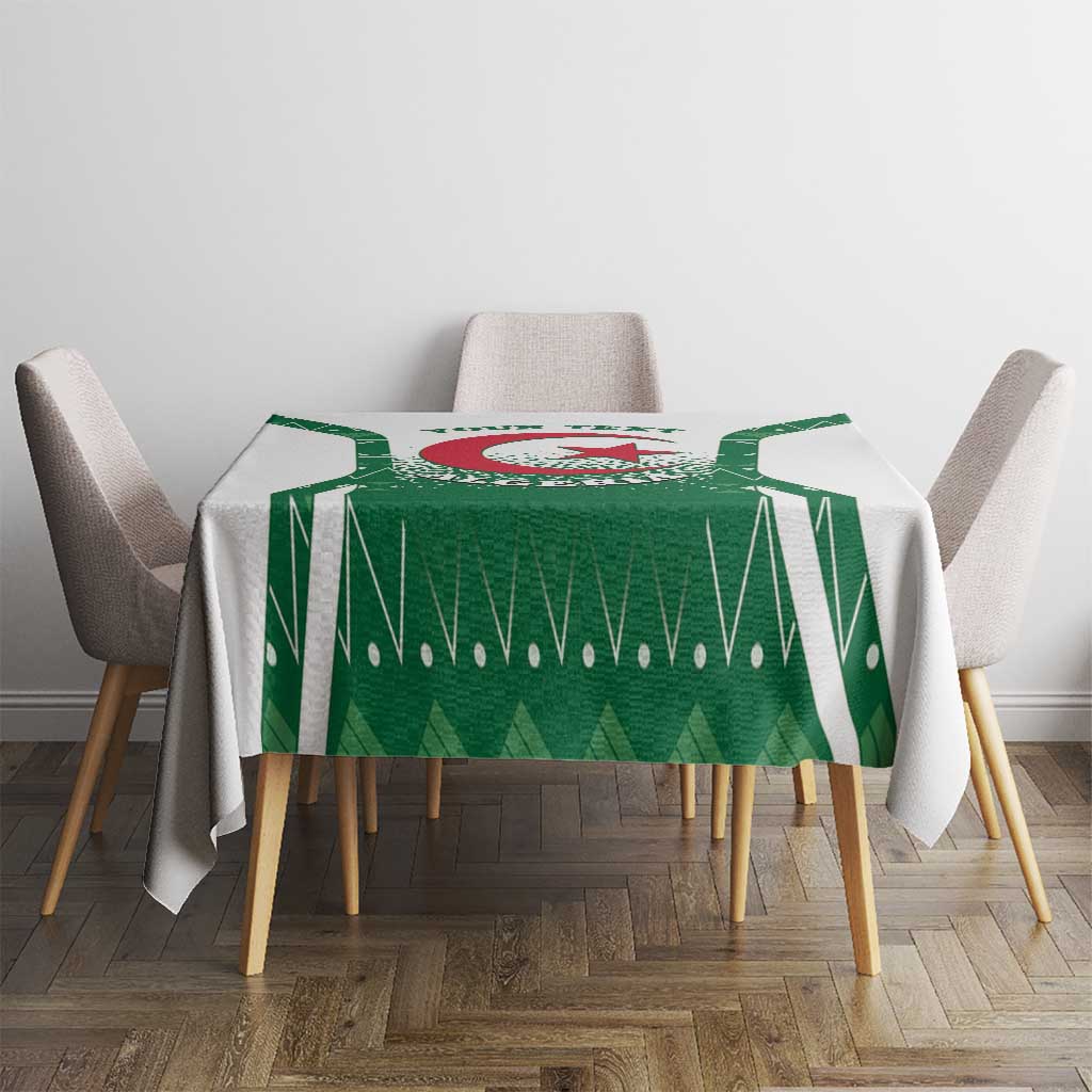 Green Algeria emblem tablecloth on rectangular dining table with side chairs