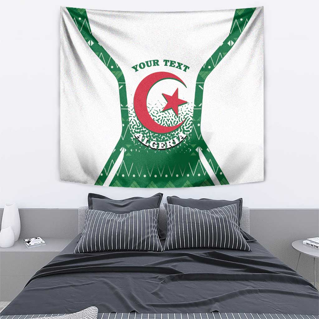 Algeria tapestry with green cross design, red crescent star, and "YOUR TEXT"