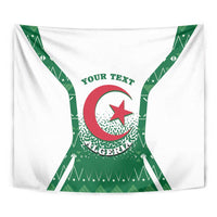Close-up Algeria tapestry with green cross design, red crescent star, and "YOUR TEXT"
