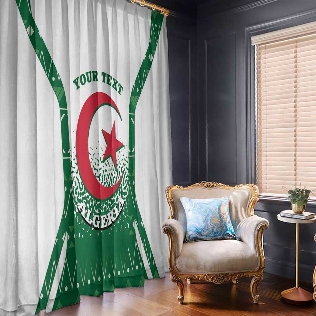 Green Algeria coat-of-arms curtain panel with red crescent and star emblem, text banner