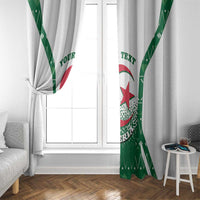 Green Algeria graphic curtain with crest and star motif, draped over white curtain panels