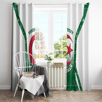 Green Algeria coat-of-arms curtain with bold crest and red crescent star, hanging on rod