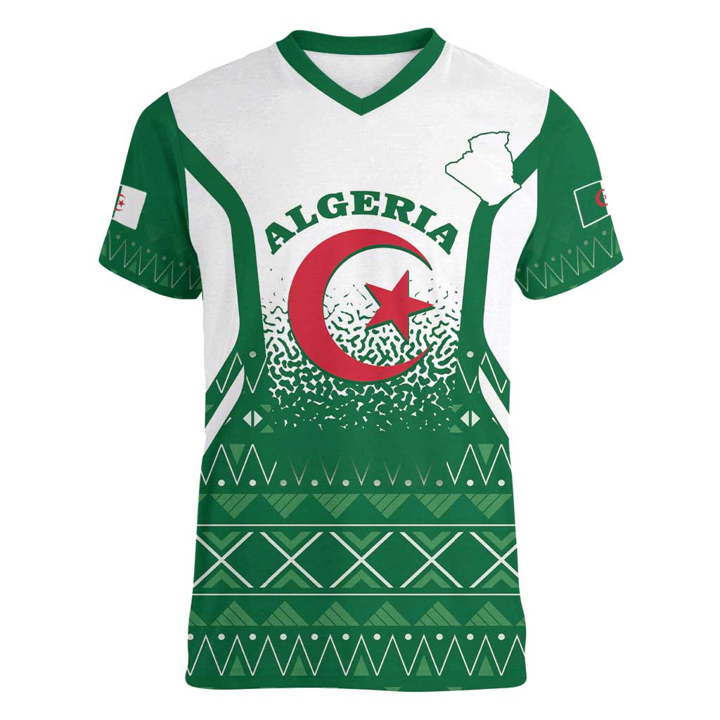 Personalized Algeria Women V-Neck T-Shirt Coat Of Arms African Pattern - Wonder Print Shop