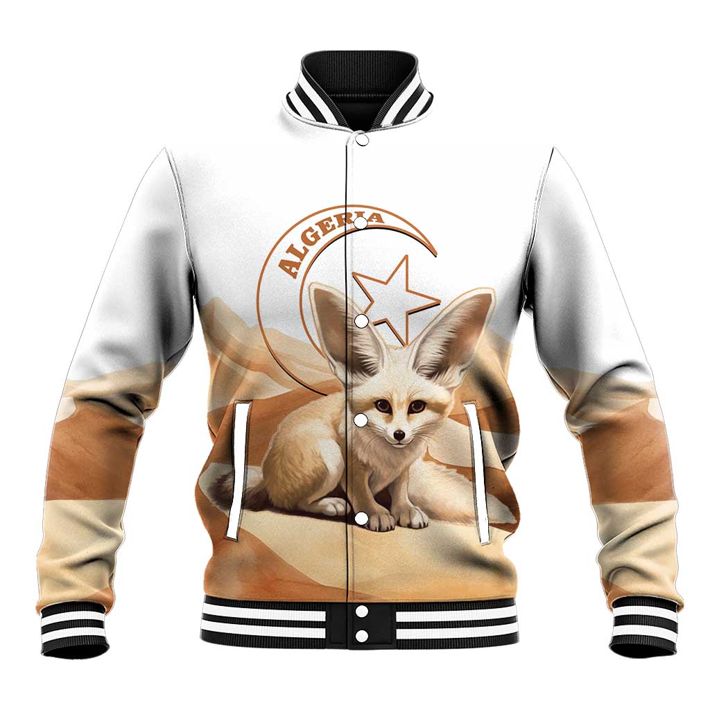 White baseball jacket with zip, ribbed collar, front fennec fox graphic and striped cuffs