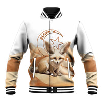 White baseball jacket with zip, ribbed collar, front fennec fox graphic and striped cuffs