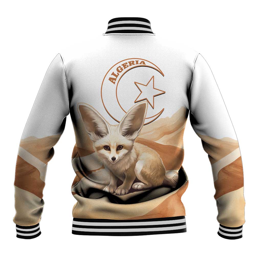White baseball jacket back with Algeria emblem and desert fennec fox graphic, ribbed hem