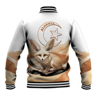 White baseball jacket back with Algeria emblem and desert fennec fox graphic, ribbed hem