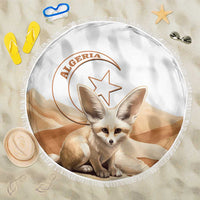 Round white Algeria beach blanket with fennec fox and star emblem, white fringe edge