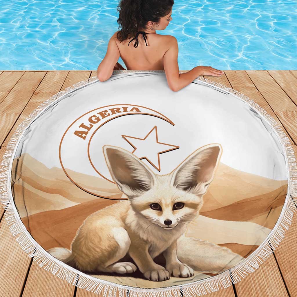 Round white fringed beach blanket showing fennec fox on desert graphic with Algeria logo