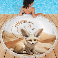Round white fringed beach blanket showing fennec fox on desert graphic with Algeria logo