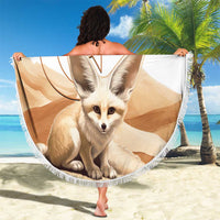 Round white fringed Algeria blanket held up on the beach with fennec fox and star emblem
