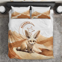 White bedding set with tan desert-style graphic and small fox front design; includes pillowcases