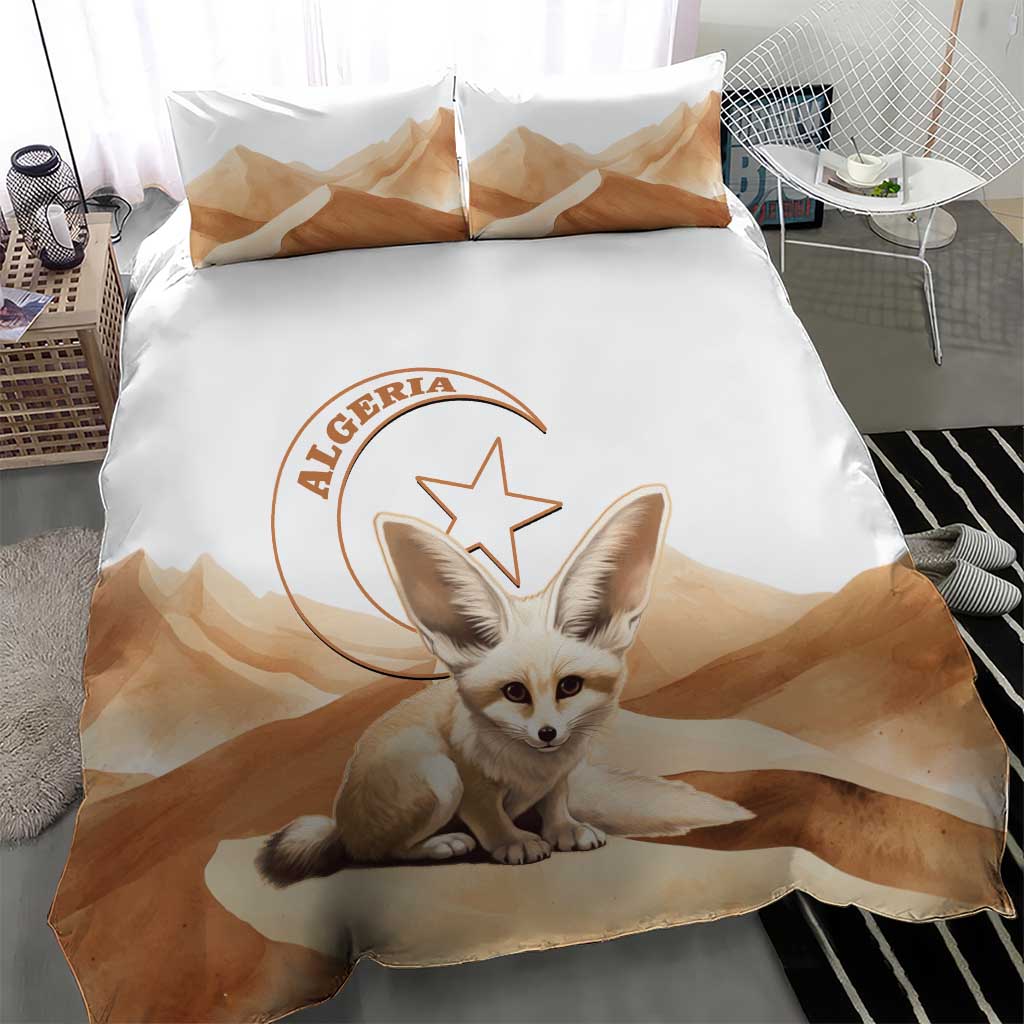 White bedding set with central fox lying illustration and tan geometric desert pattern