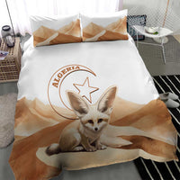 White bedding set with central fox lying illustration and tan geometric desert pattern