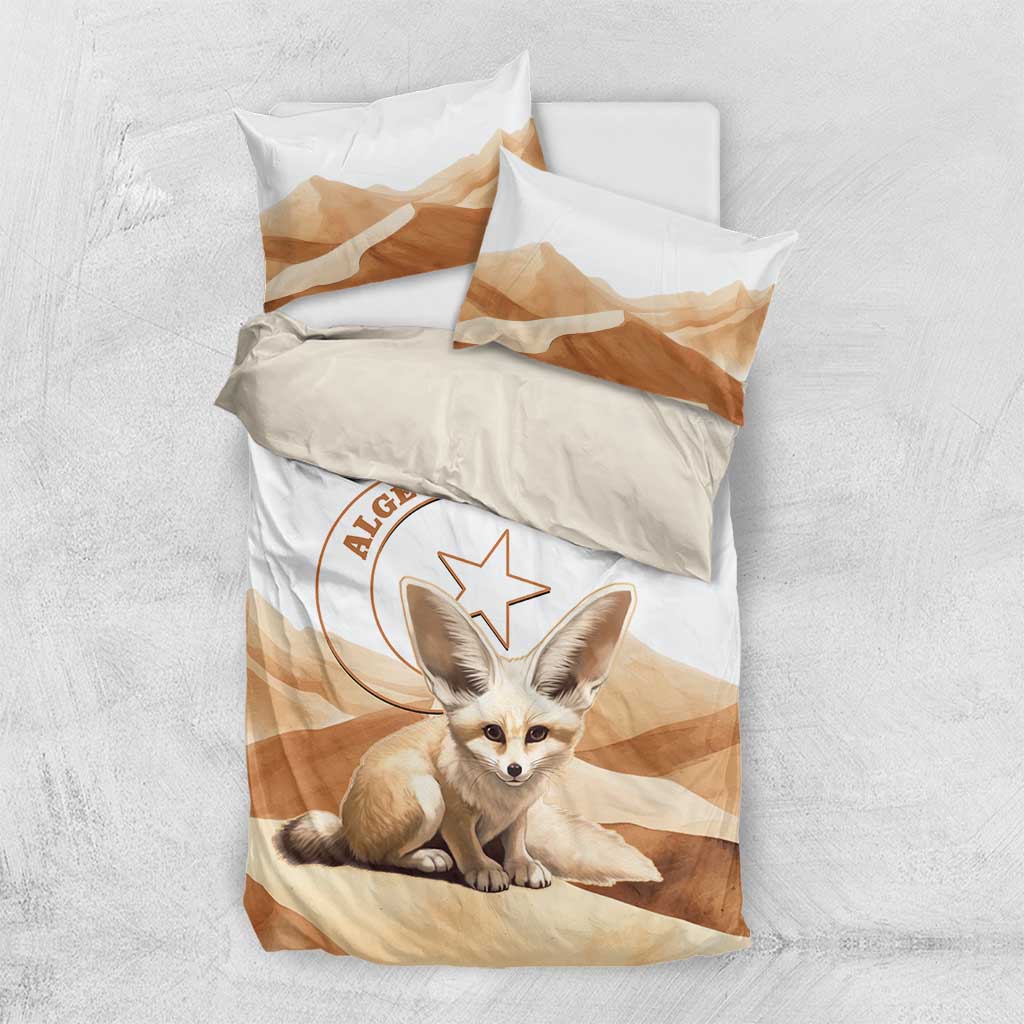 White bedding set neatly folded on bed; tan fox graphic on duvet and matching pillowcases
