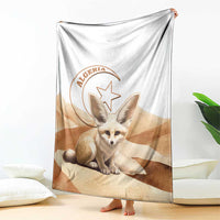 Algeria Sahara blanket featuring a dog portrait with Algeria emblem, draped on floor