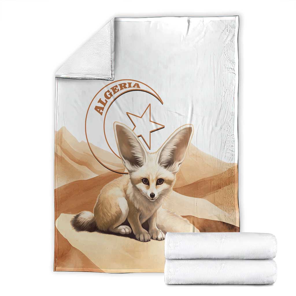 Algeria Sahara blanket with dog and Algeria emblem, shown with folded matching fabric rolls
