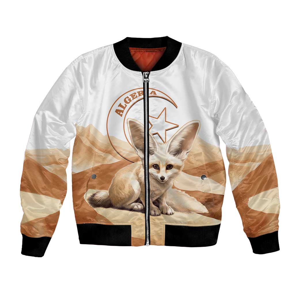 White bomber jacket with zipper, fennec fox desert graphic, black ribbed cuffs and hem.