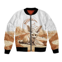 White bomber jacket with zipper, fennec fox desert graphic, black ribbed cuffs and hem.