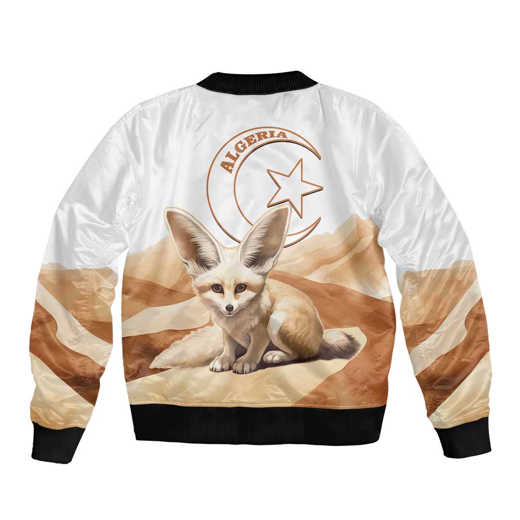 White bomber jacket with fennec fox desert scene print, black ribbed collar, cuffs, hem.