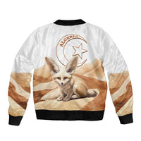 White bomber jacket with fennec fox desert scene print, black ribbed collar, cuffs, hem.