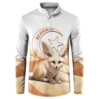 White button-up sweatshirt with fennec fox front graphic and Algeria emblem