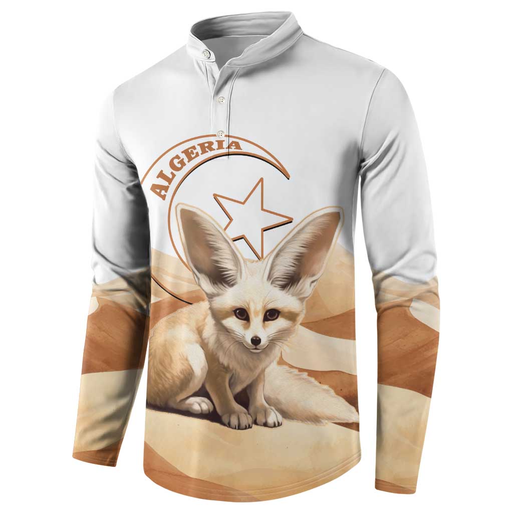 White button-up sweatshirt with fennec fox front print and tan desert-style sleeve stripes
