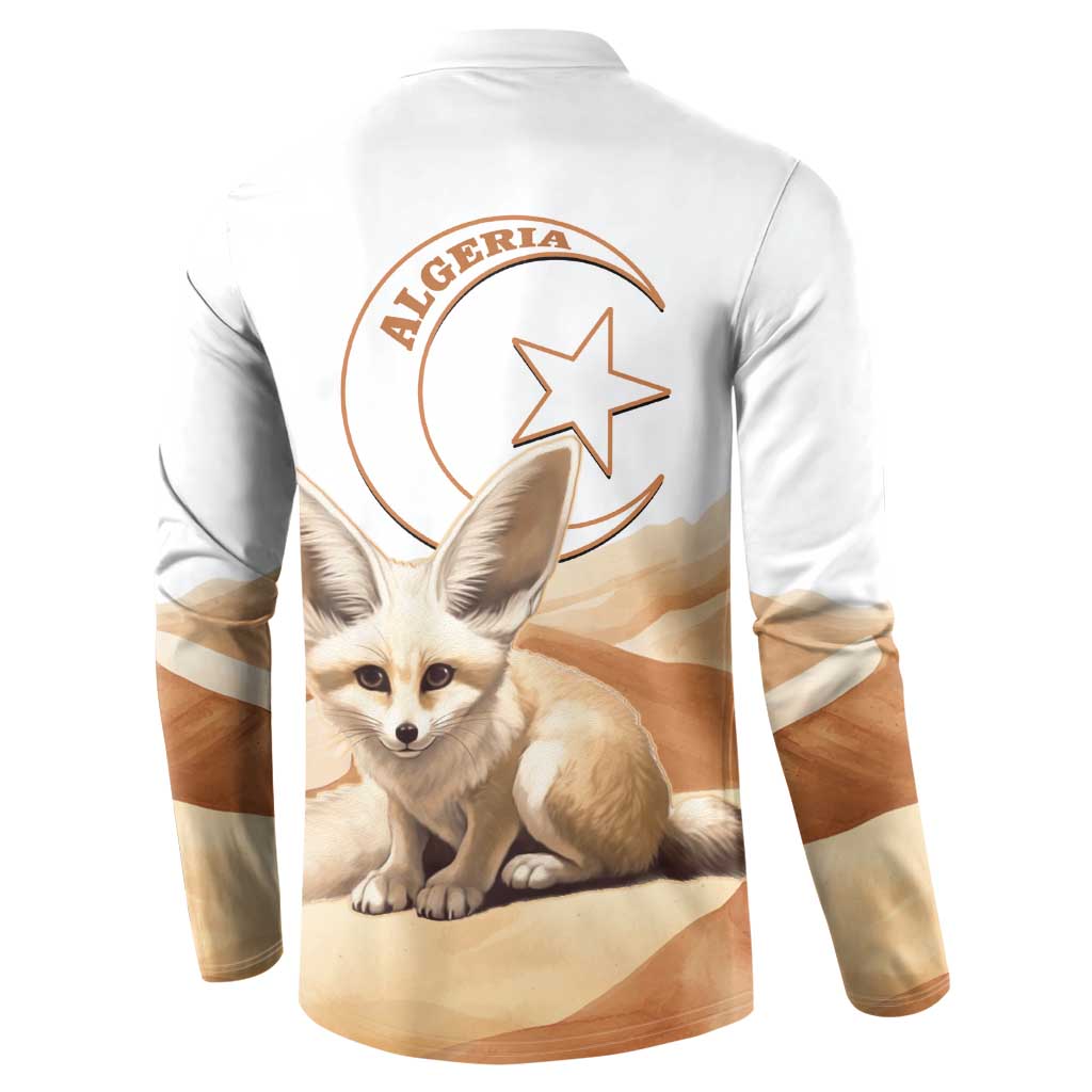White button-up sweatshirt with large back graphic of fennec fox and Algeria emblem