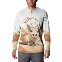 White button-up sweatshirt with fennec fox front graphic and tan desert sleeve panels