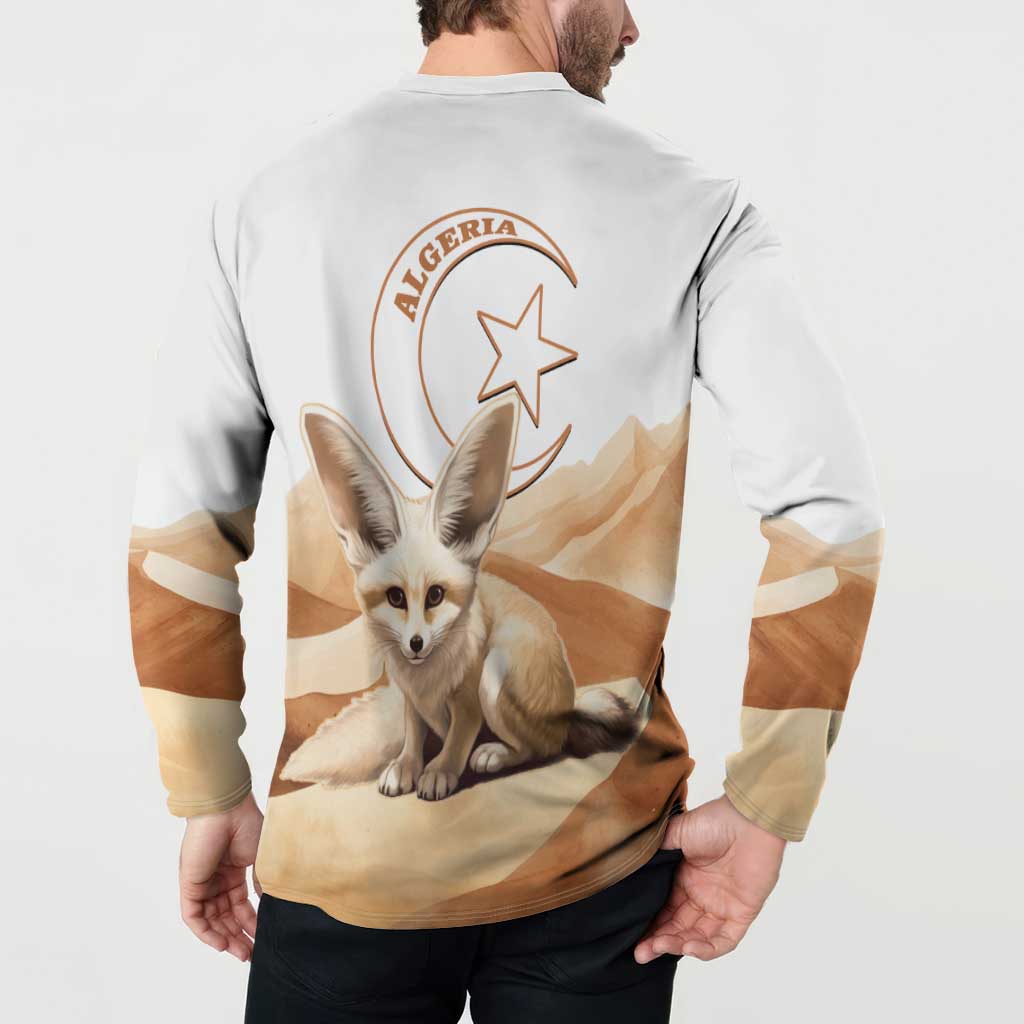 White button-up sweatshirt with large back fennec fox print and Algeria emblem