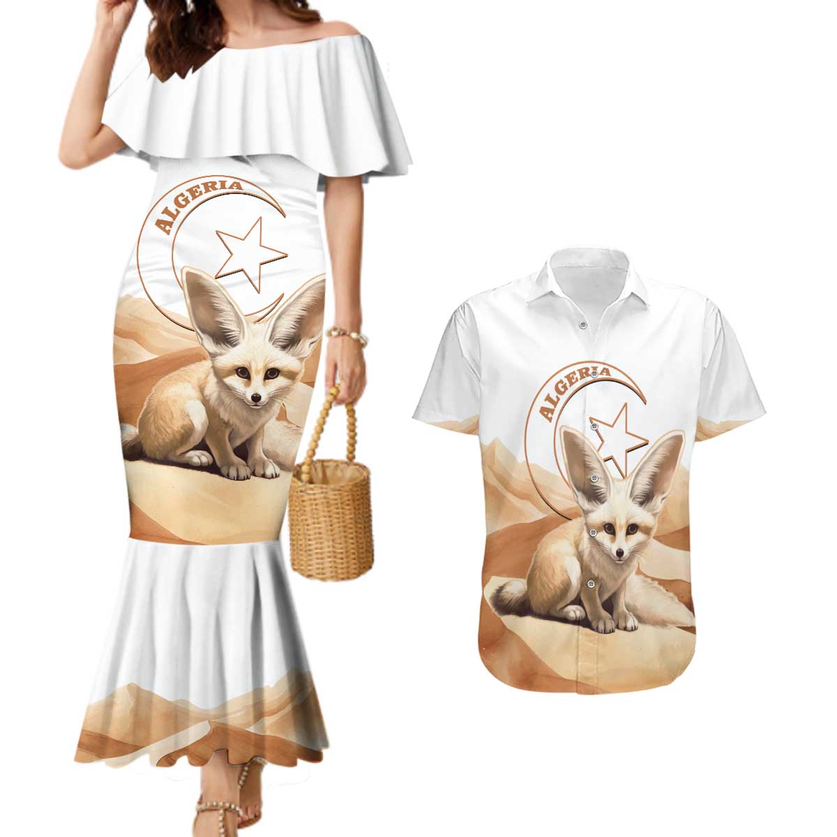 Fennec Fox Algeria Couples Matching Mermaid Dress and Hawaiian Shirt Algerian Sahara - Wonder Print Shop