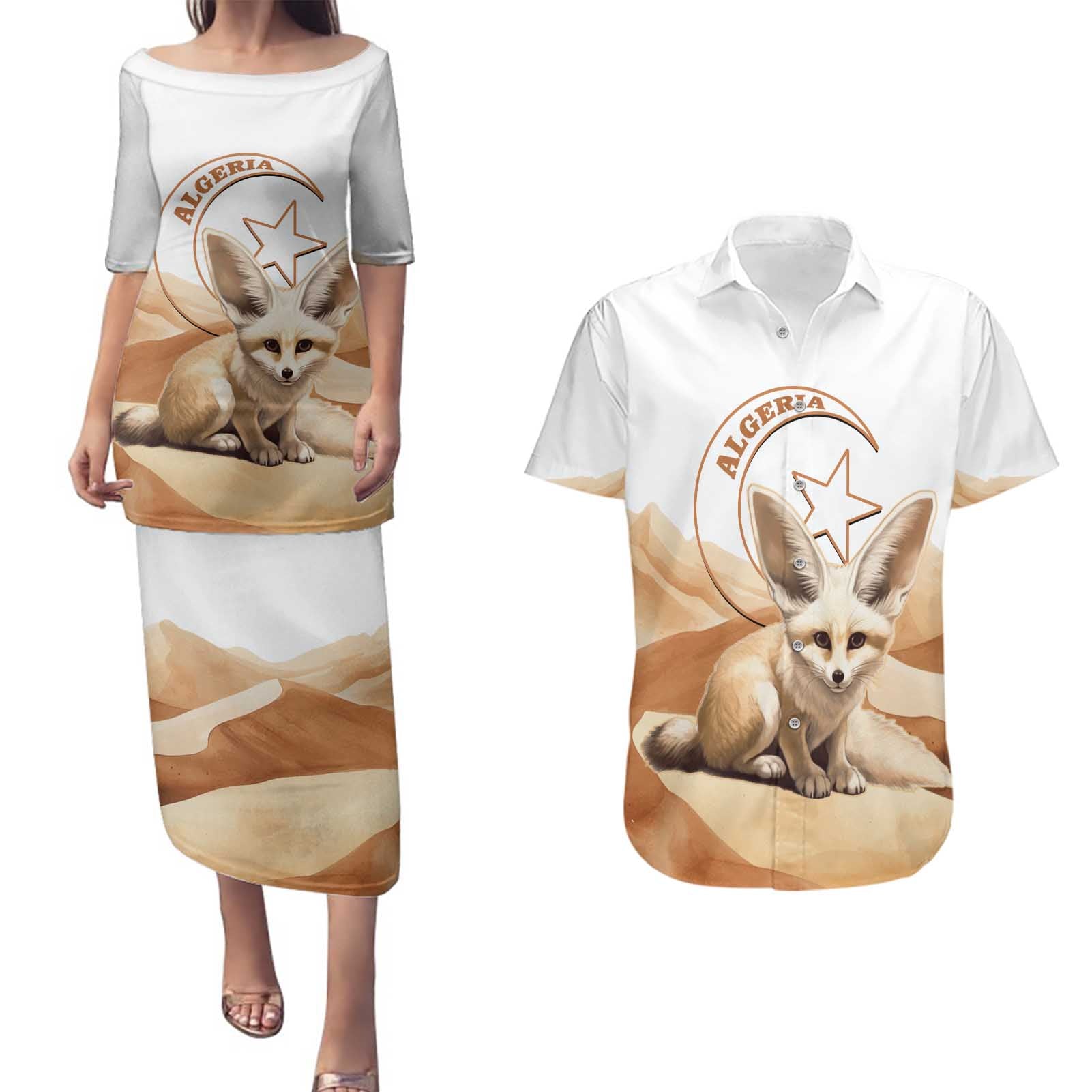 Fennec Fox Algeria Couples Matching Puletasi and Hawaiian Shirt Algerian Sahara - Wonder Print Shop