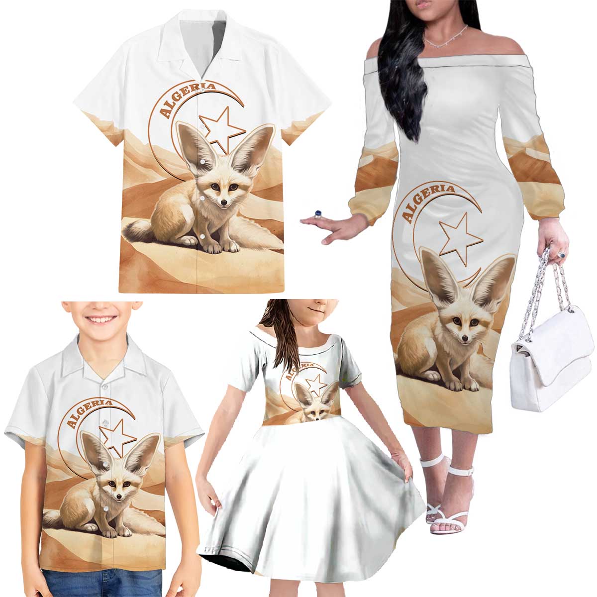 Fennec Fox Algeria Family Matching Off The Shoulder Long Sleeve Dress and Hawaiian Shirt Algerian Sahara - Wonder Print Shop