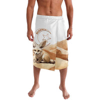 White printed lavalava shorts with fennec fox graphic and tan stripe panel