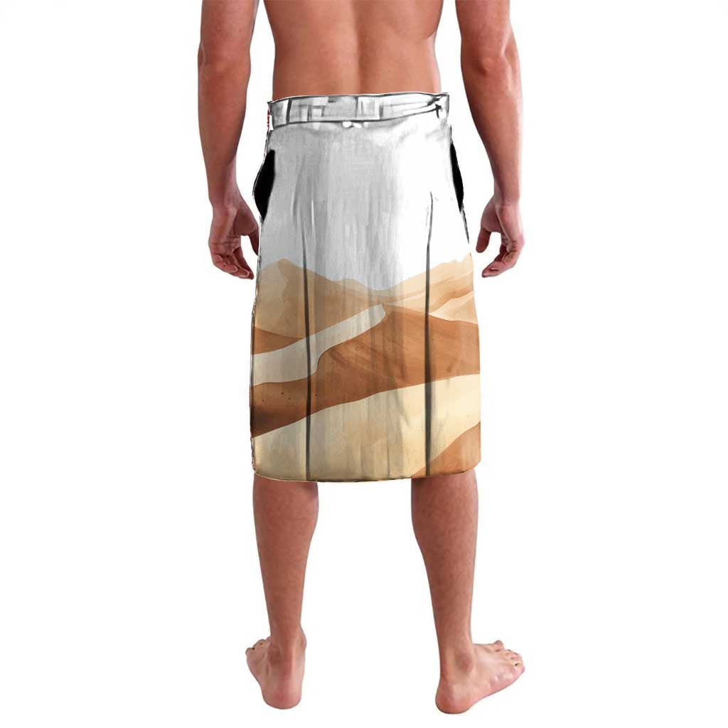 White printed lavalava shorts, back view, tan and sand stripe pattern