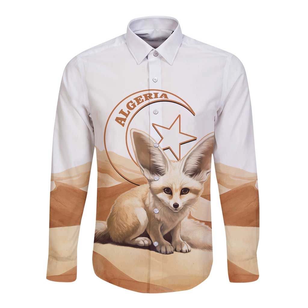 White long sleeve button shirt with fennec fox and Algeria graphic on front