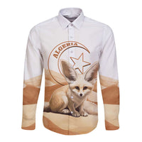 White long sleeve button shirt with fennec fox and Algeria graphic on front