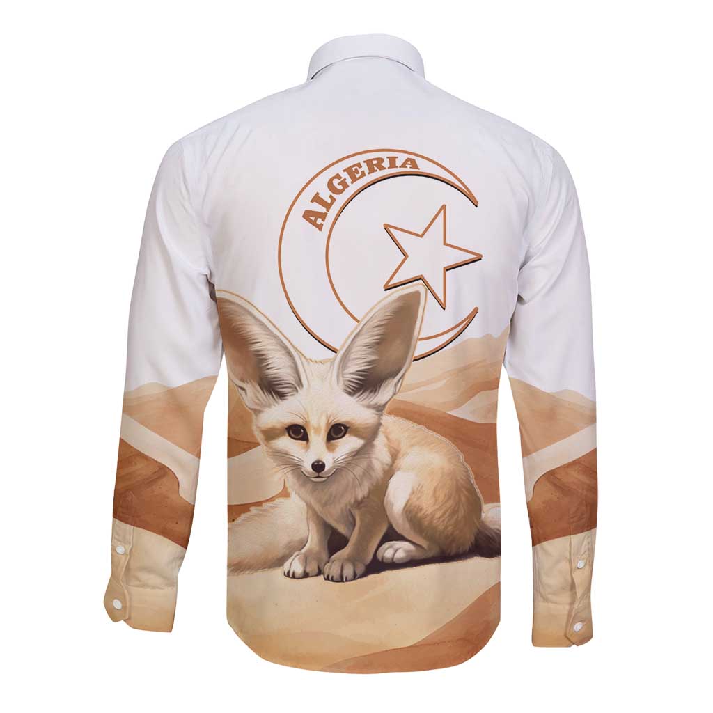 White long sleeve button shirt with fennec fox and Algeria graphic on back
