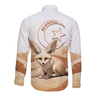 White long sleeve button shirt with fennec fox and Algeria graphic on back